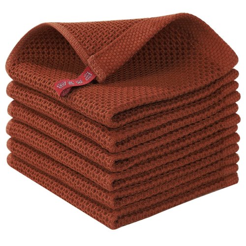 Homaxy 100% Cotton Waffle Weave Kitchen Dish Cloths, Ultra Soft Absorbent Quick Drying Dish Towels, 12 x 12 Inches, 6-Pack, Rust