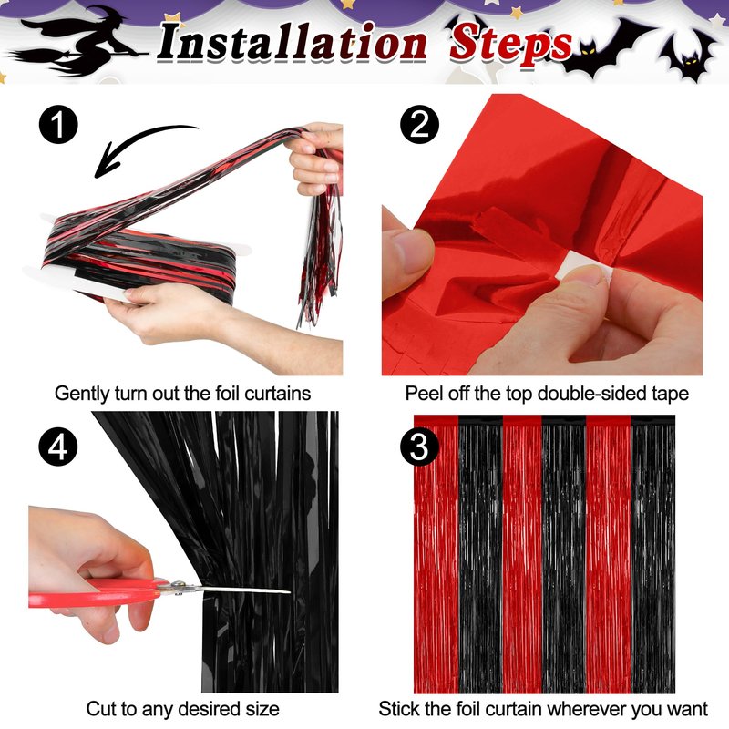 4 Pack Halloween Wall Backdrop, 3.28 FT x 7.05 FT Red and Black Party Streamer, Metallic Tinsel Curtains Fringe Backdrop Foil Streamer, Halloween Hanging Decor Casino Theme Party Decorations