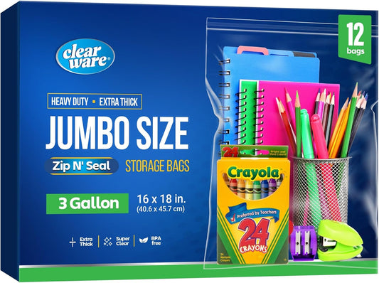 Storage Bags - 12 Large Zipper Top Bags | 3 Gallon Size, 16" x 18", BPA-Free, Extra Thick for Clothes & Travel