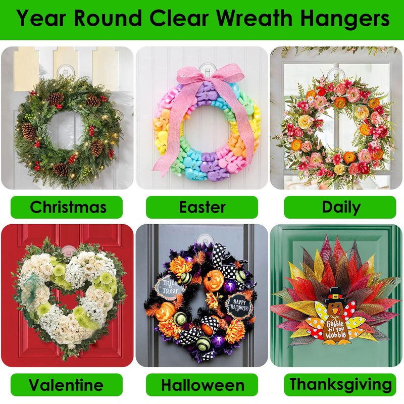 Clear Wreath-Hanger, 22 LB Strong Suction-Cup-Wreath-Hooks, 2 Pack Wreath-Door-Hanger Easter Halloween Christmas Decorations, Welcome Sign for Front Door Indoor Outdoor, Removable Holder Window Glass