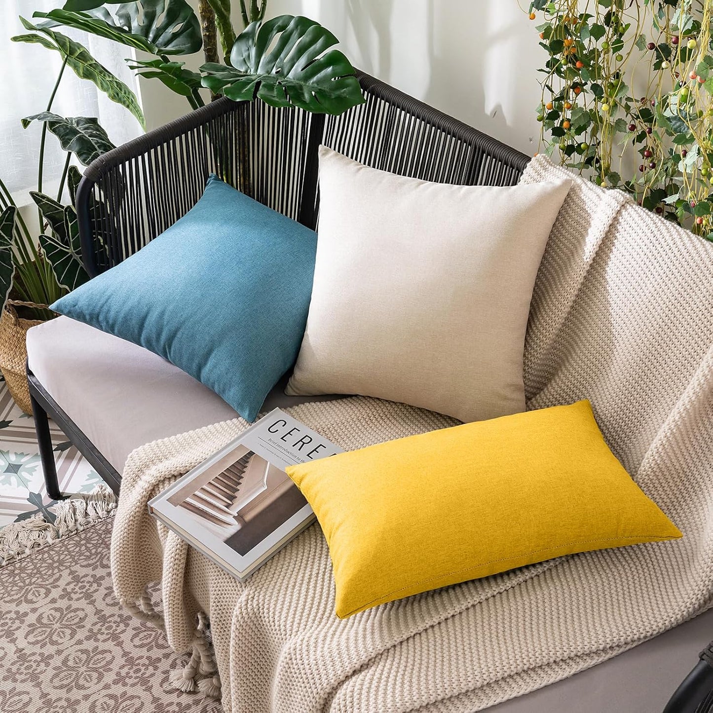 MIULEE Decorative Outdoor Throw Pillow Covers - Waterproof Faux Linen Cushion Cases | 16x16 Inch Mustard Yellow (Pack of 2)