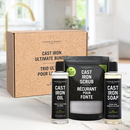 CARON & DOUCET – New Ultimate Cast Iron Set: Seasoning Oil, Cleaning Soap & Restoring Scrub | 100% Plant-Based & Best for Cleaning Care, Washing, Restoring & Seasoning Skillets, Pans & Grills!