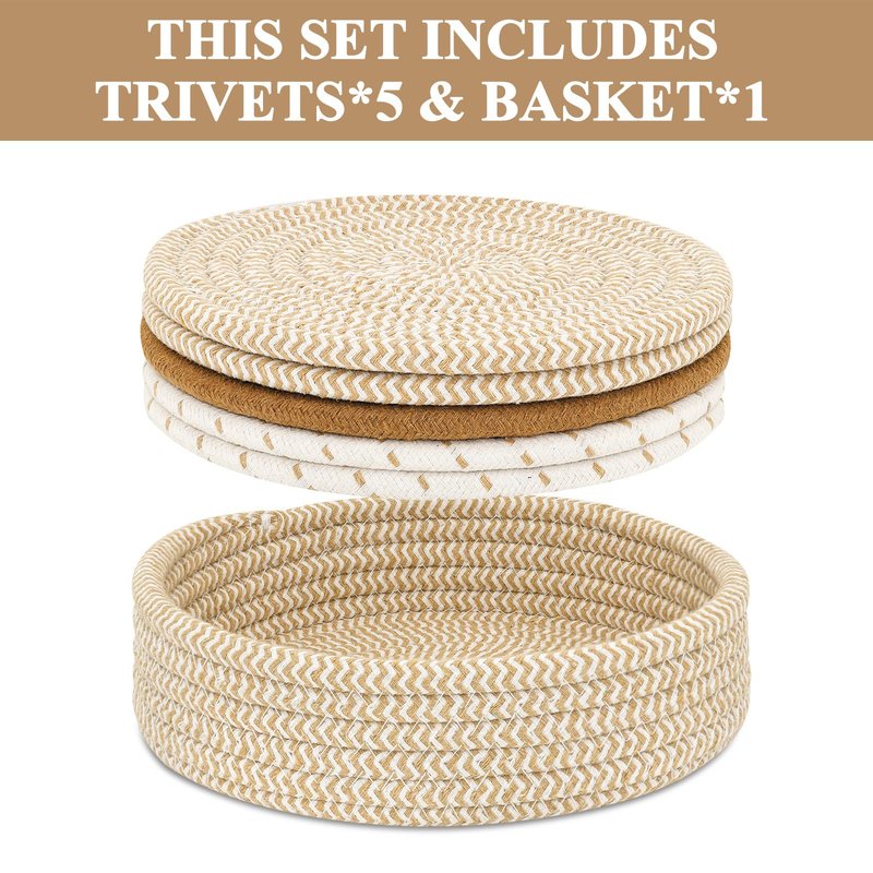 Trivets for Hot Dishes, Pots and Pans, Hot Pads with Storage Basket, Pot Holders for Kitchen, Heat Resistant Mat Protect Counter Home Essentials, Farmhouse Decor (Mix Brown 5 PCS)