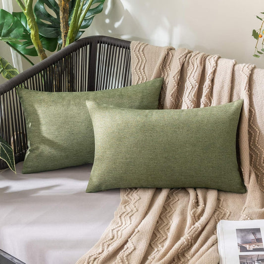 MIULEE Decorative Outdoor Throw Pillow Covers - Waterproof Faux Linen Cushion Cases | 20x12 Inch Dark Green (Pack of 2)