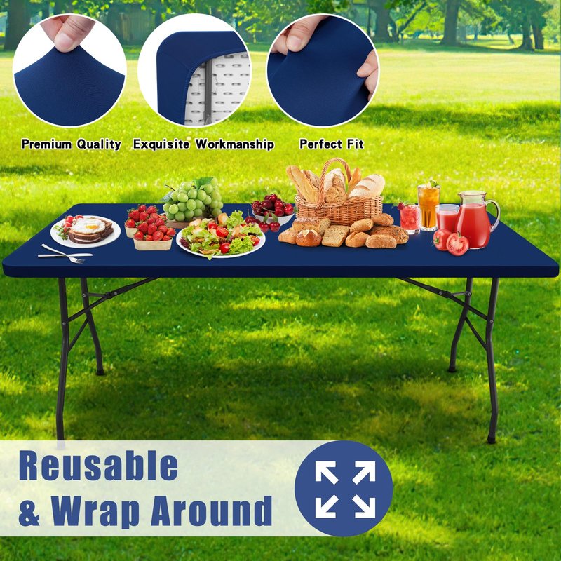 Moosfor Spandex 6 Foot Rectangle Table Cloth 2 Pack, Elastic Fitted Tablecloths for Picnic, Stretch Washable Patio Table Cover for Outdoor, Camping, Banquet and Parties (Navy, 30"x72")