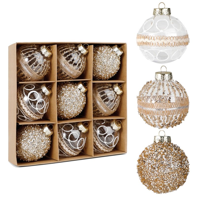 9 Pcs 80mm/3.15" Christmas Ball Ornaments Set, Large Clear Champagne Christmas Tree Decorations Plastic Shatterproof Hanging Balls for Xmas Glitter Farmhouse Boho Ornaments for Holiday Wedding Party