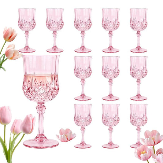 LEYIQU Plastic Wine Glasses, Plastic Goblets Vintage Style Cordial Unbreakable Drinking Glasses,Reusable Drinkware for Wedding Reception, Grand Event Party Supplies, Mother's Day(12, Pink)