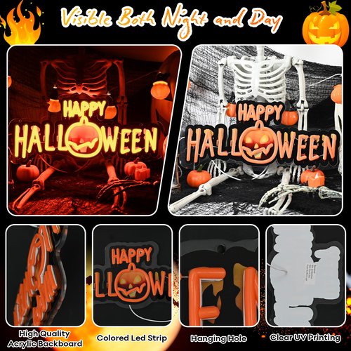 Happy Halloween Neon Sign, Black Orange Halloween Neon Light Up Sign with UV Print for Halloween Party Decoration, Dimmable Neon Halloween Led Sign for Wall Decor Trick or Treat Spooky Party Backdrop