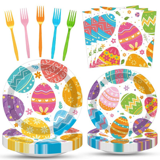 100 Pcs Easter Egg Tableware Party Supplies Set, Serves 25 – Disposable Colorful Eggs Paper Plates, Napkins, and Forks for Spring Celebration, Easter Day Egg Hunt, or Holiday Brunch Decorations