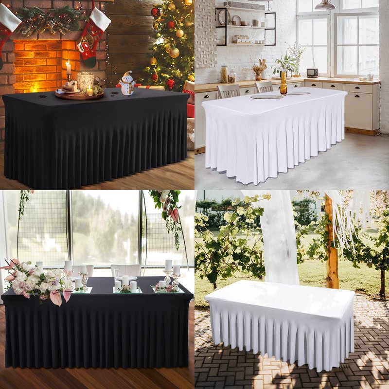 BDDC Table Skirts for Rectangle Tables 6ft - One-Piece Black Tablecloths and Skirt, Wrinkle Resistant Ruffles Elastic Cover for Banquets, Weddings, Events, Parties