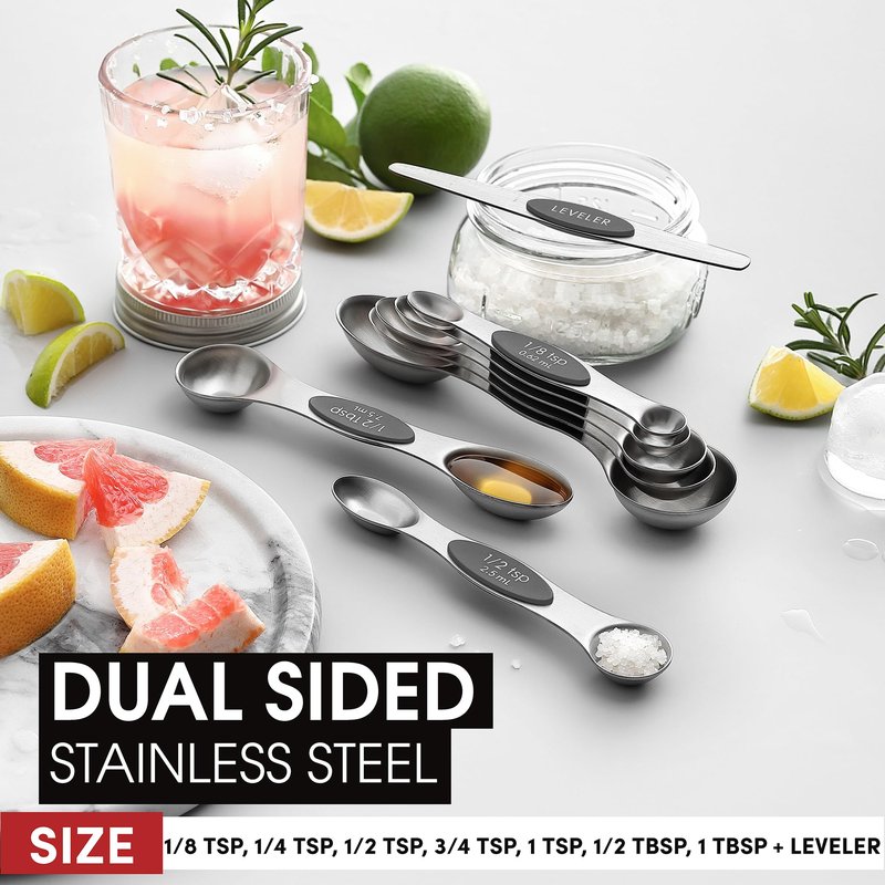 Spring Chef Stainless Steel Magnetic Measuring Spoons Set of 8 with Leveler, Dual Sided Metal Teaspoon & Tablespoon Measuring Spoons - Kitchen Gadgets For Baking and Cooking, Gray