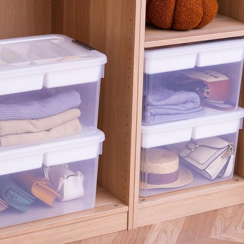 Citylife 32 QT Plastic Storage Bins - Large Stackable Containers with Removable Tray | Organize Crafts, Clothes & Office Supplies (4 Pack)
