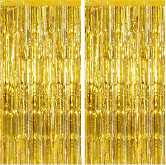 2 Pack Gold Backdrop Birthday Decorations Foil Curtain Backdrop Gold Streamers Dance Party Decorations Photo Booth Props for Bachelorette Decorations Christmas Halloween New Years Eve Party Supplies