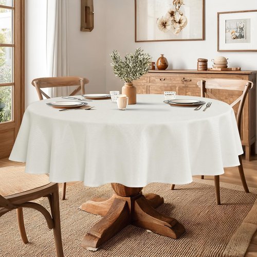 JIUZHEN Round Table Cloth Faux Linen Farmhouse Tablecloth Wrinkle and Stain Resistant Decorative Fabric Table Cover for Kitchen, Dining Room, Parties and Camping, White, 60 Inch Round