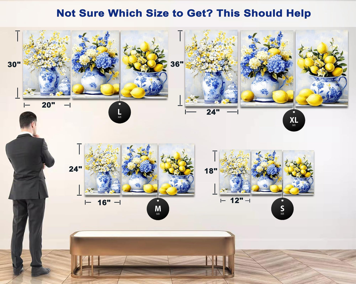 Hzddty Lemon Canvas Wall Art Set for 3, Rustic Blue and Yellow Still Life Paintings, Flower Wall Decor for Kitchen Bathroom Living Room, Framed Canvas Prints Home Decor 18L x 12W x 3