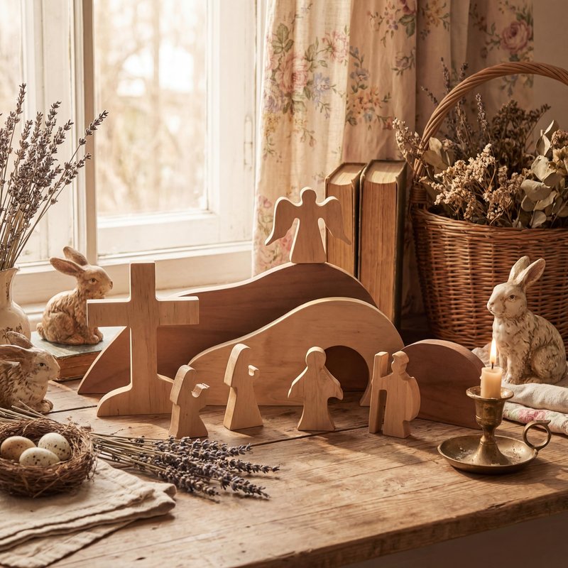 Vercraft 9 Pcs Religious Easter Decorations for Home Empty Tomb Easter Scene and Cross Decoration Wooden Resurrection Scene Set Jesus Nativity Tomb Decor for Christian Table Tiered Tray Office Crafts