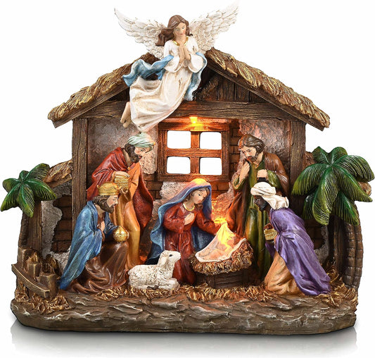 Valery Madelyn Nativity Figurines Set - LED Lights & Red Gold Holy Family | 10.6 Inch Resin Manger Decor