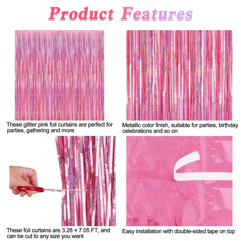 2 Pack Glitter Pink Backdrop, 3.28 FT x 7.05 FT Birthday Party Decorations, Laser Pink Fringe Curtains Foil Streamer Tinsel, Pink Curtains Photo Backdrop Happy Birthday Valentines Day Backdrop