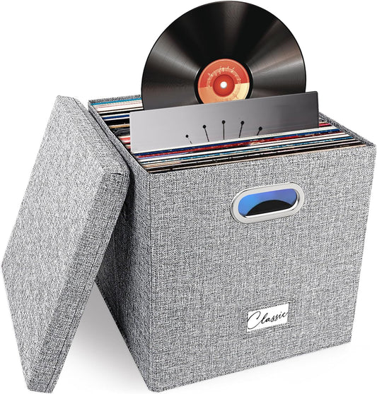 Skiennix Vinyl Record Storage Box - Stackable 12-Inch LP Crate with Lid & Handle for 50+ Albums