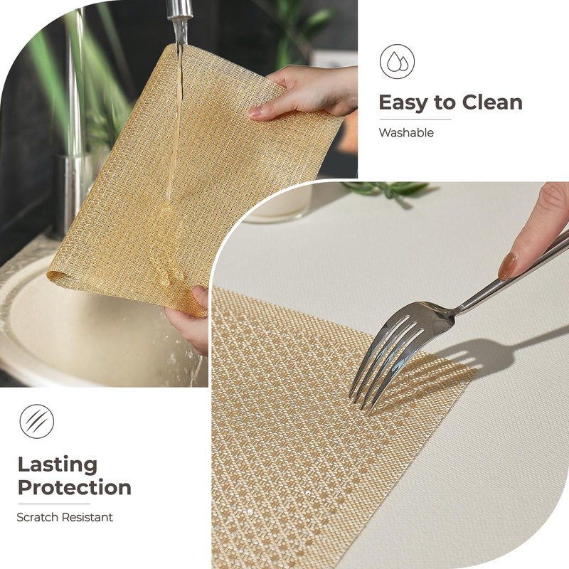 Leetaltree Sparkling Gold Sequin Woven Vinyl Placemats, Set of 6 - Waterproof & Washable Dining Table Mats for Wedding, Anniversary, Daily Use, Hand-Cut