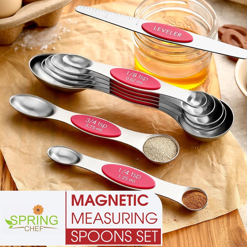 Spring Chef Pink Stainless Steel Magnetic Measuring Spoons Set of 8 with Leveler, Dual Sided Teaspoon & Tablespoon Measuring Set for Dry and Liquid Ingredients, Kitchen Gadgets for Baking & Cooking