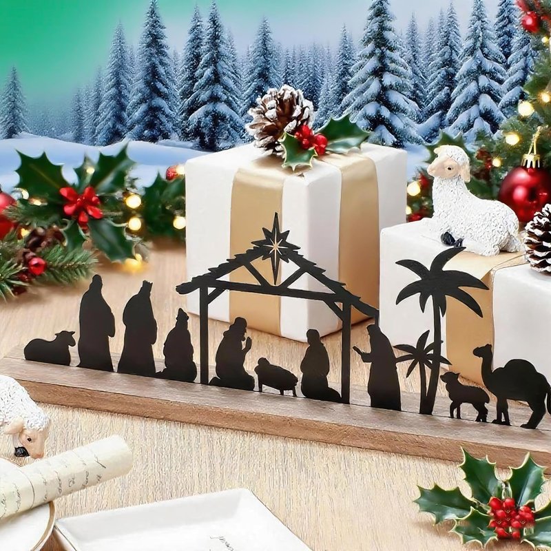 Akulgaci Metal Nativity Sets for Christmas Decorations Black Metal Nativity Scene with Wooden Base for Xmas Home Indoor Mantel Tabletop Office Kitchen Table Shelf Decor (Classic)