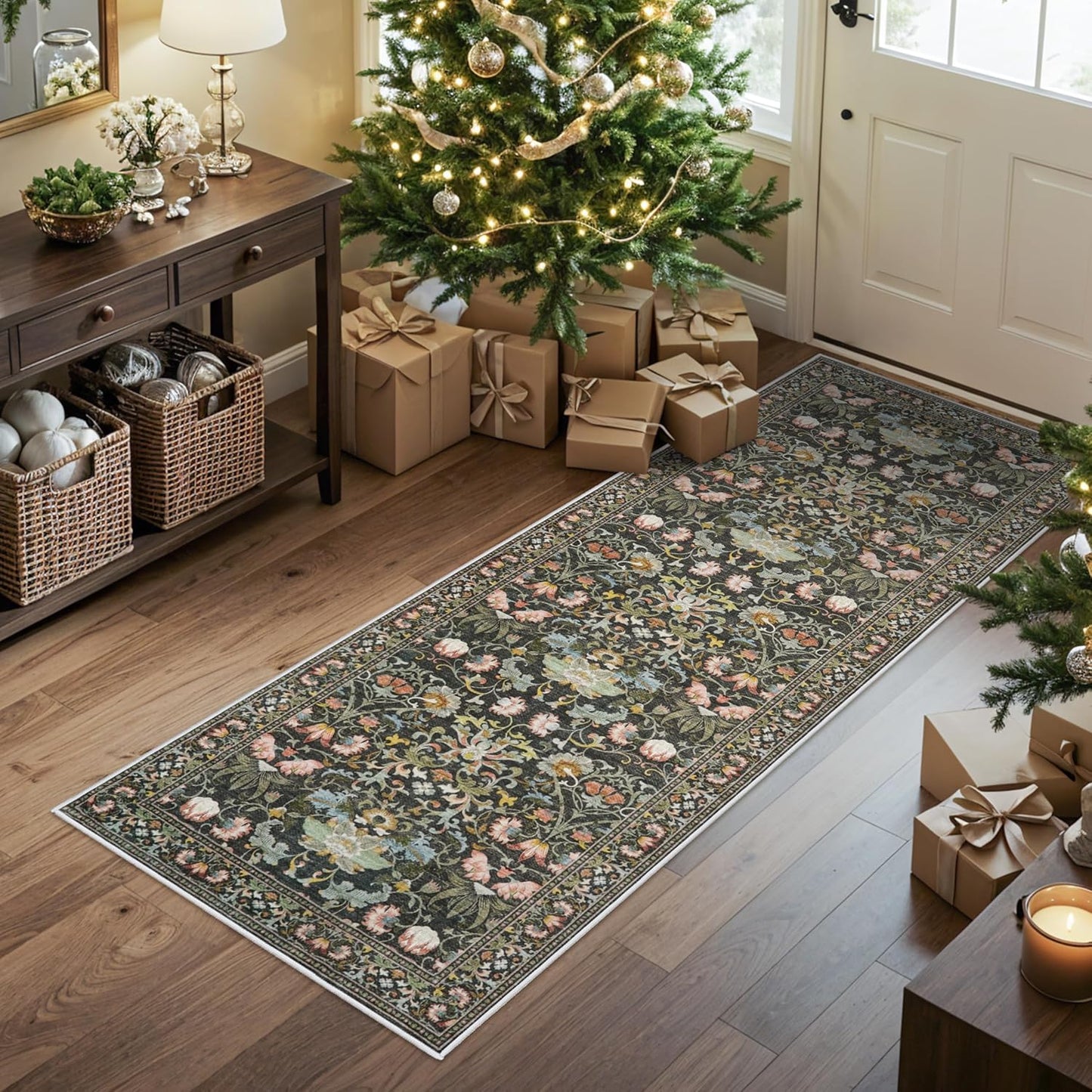 **Regine Switzerland Washable Runner Rug - Stain Resistant Floral Design | 2x5 Green for Entryway & Kitchen**