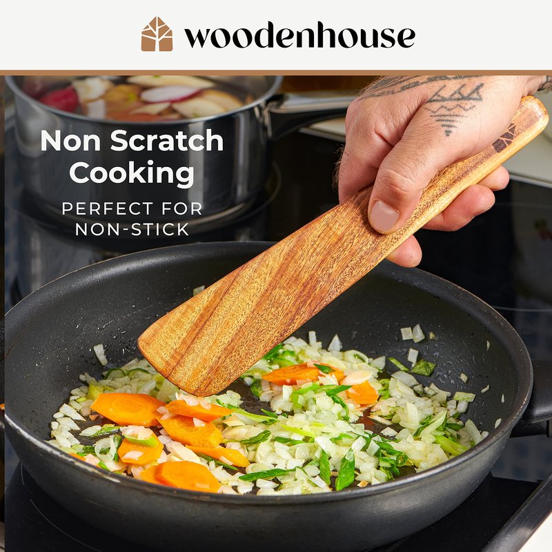 Wooden Spatula for Cooking - Natural Teak Wood Spatula for Non Stick Frying Pan - Wooden Cooking Utensils Set of 4 Including Paddle, Turner, Slotted Spurtle and Wood Scraper - Long Ergonomic Handles