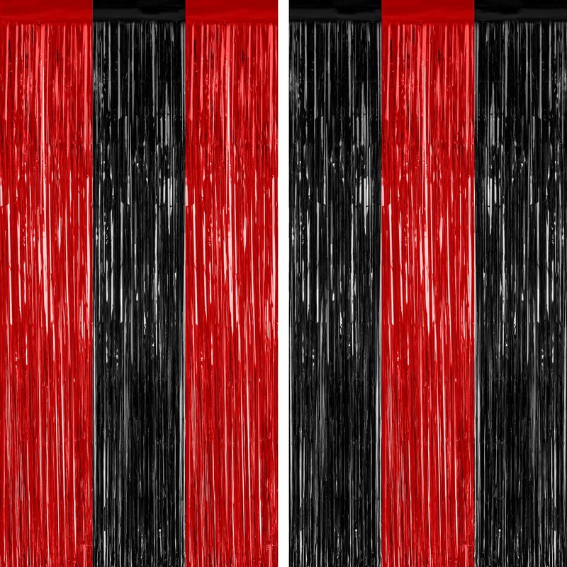 2 Pack Backdrop Curtains, 3.28 FT x 7.05 FT Black and Red Party Decor, Metallic Party Streamer Tinsel Foil Fringe Curtains, Foil Curtains Backdrop Halloween Decorations Party Supplies