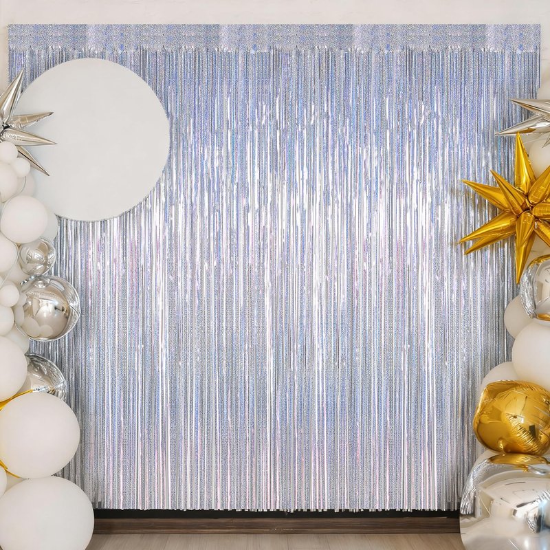 2 Pack Silver Metallic Tinsel Foil Curtains, 3.28 FT x 7.05 FT Glitter Silver Fringe Curtains, New Year Door Streamer Tinsel Backdrop Photo Booth for NYE Party Birthday Engagement Party Decorations