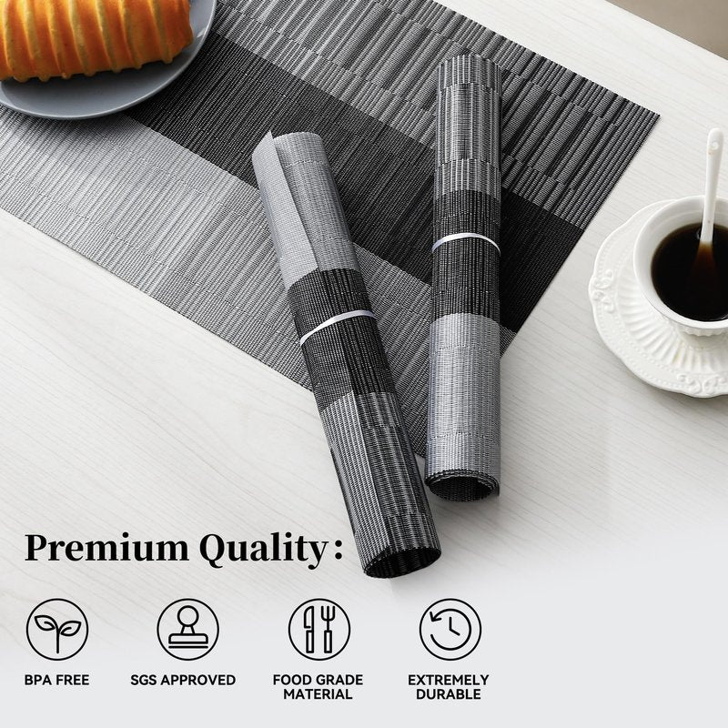 Leetaltree Grey with White Striped Placemats Set of 8 - Heat Resistant Non-Slip Place mats for Dining Table, Washable Durable PVC Vinyl Woven Table Mats（Grey Stripe, 8）