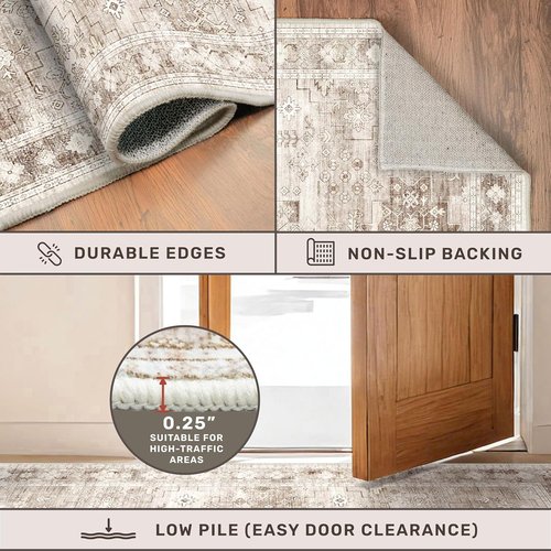 Farmhouse Large Entryway Rug by Washable | Non-Slip, Stain Resistant | 3x6 Beige/Latte for Kitchen & Bedroom