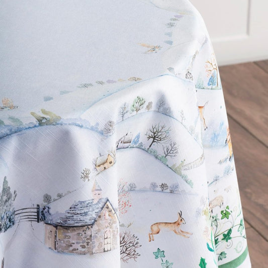 Maison d' Hermine Table Cloth Round Table 100% Cotton 69 Inches Fall Tablecloth Reusable Everyday Use for Thanksgiving Christmas Decorations Dining Farmhouse Party (Snowy World)