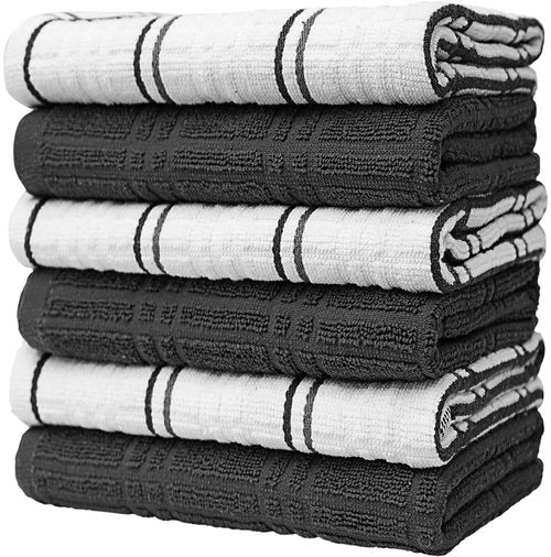 Dish Towel 16"x26" | Grey Windowpane Design | Kitchen Hand Towels, Large Tea Towel Set | Natural Ring Spun Cotton Dish Towels for Kitchen | Soft, Highly Absorbent | 400 GSM – 6 Pack