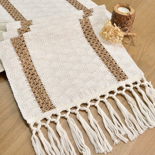 FEXIA Boho Table Runner for Hoilday Home Decor with Tassels 72 Inches Long Farmhouse Rustic Macrame Burlap Pottery barn Furniture Table Decoration for Living Room Kitchen (12x72 Inches)