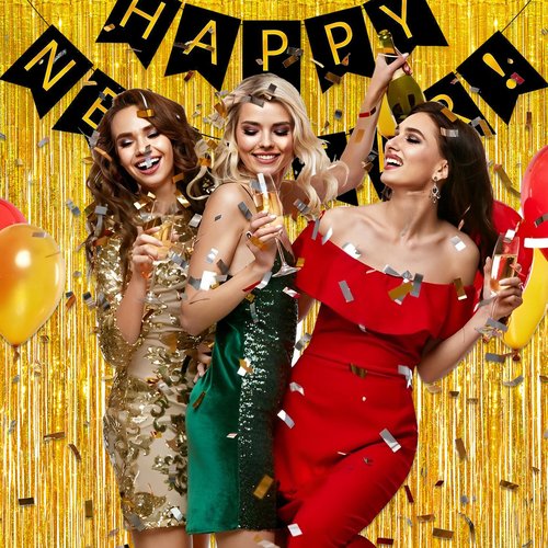Gold Fringe Curtain Tinsel Backdrop - GREATRIL Foil Fringe Curtain Party Streamers for Prom 2026 NYE New Years Eve Birthdays Christmas Theme Party Decorations Pack of 2