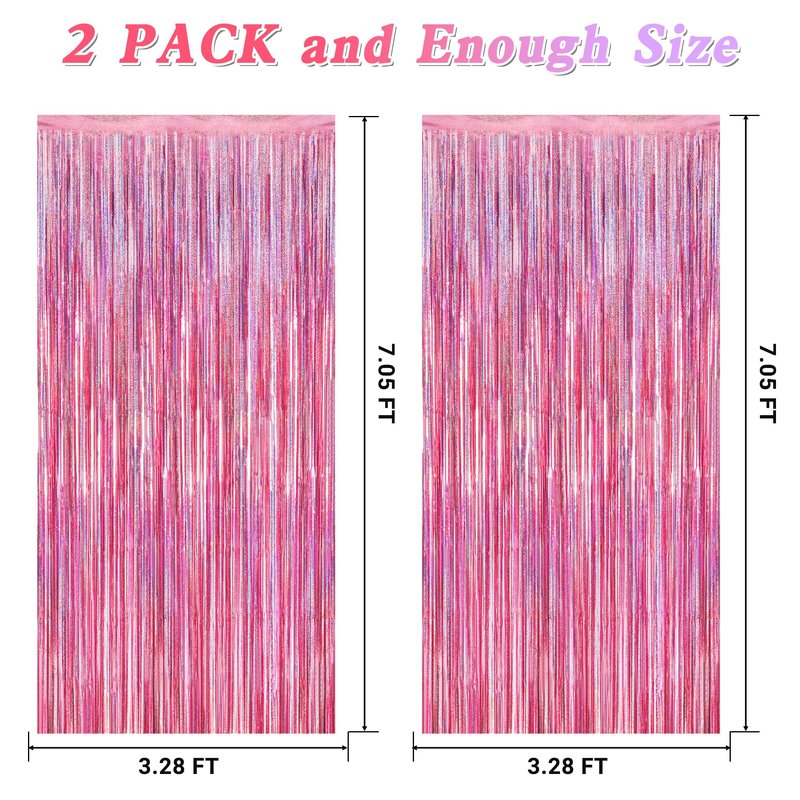 2 Pack Glitter Pink Backdrop, 3.28 FT x 7.05 FT Birthday Party Decorations, Laser Pink Fringe Curtains Foil Streamer Tinsel, Pink Curtains Photo Backdrop Happy Birthday Valentines Day Backdrop