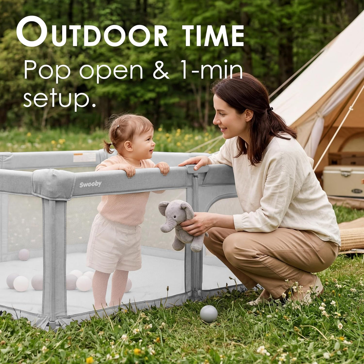 Sweeby Baby Playpen - Extra Large 59x59 Inch Foldable Play Yard with Door for Indoor/Outdoor Use - Gray