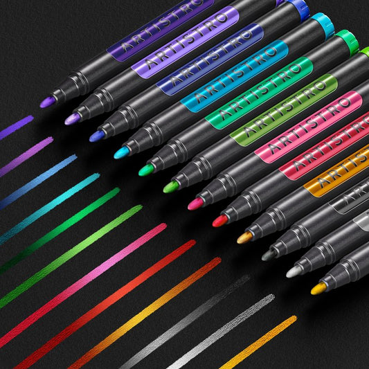 ARTISTRO 12 Metallic Paint Pens for Glass Marking, Rock Painting, Ceramic, Wood, Fabric, Scrapbooking, DIY Craft Making, Coloring - Acrylic Paint Markers Bullet Tip 2.5mm