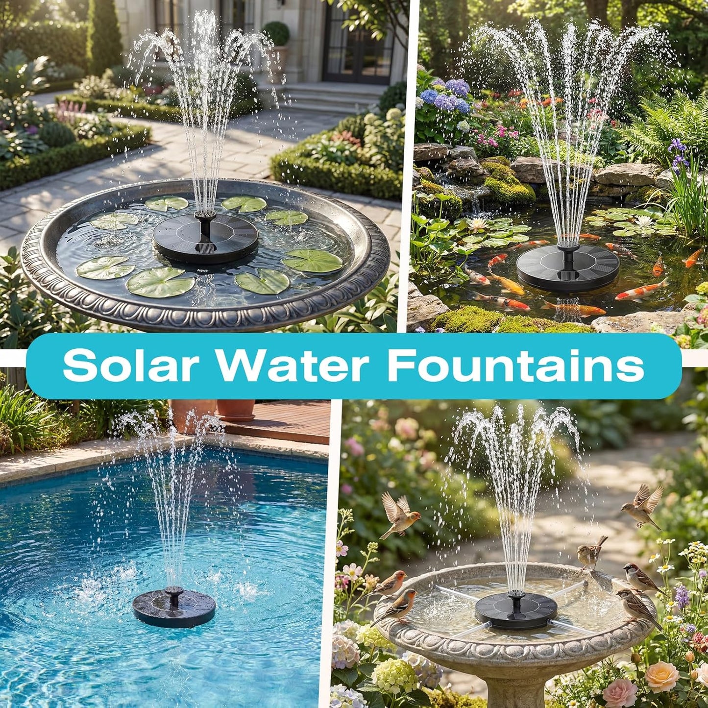 AMZtime Solar Fountain - Upgraded Mini Solar Powered Pump for Bird Bath, Garden, Pond & Pool