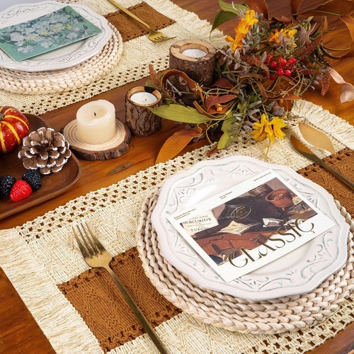 FEXIA Boho Placemats Set of 6, Macrame Table Decor and Farmhouse Style Placemats Natural Cotton Burlap, for Dining Table, Caramel