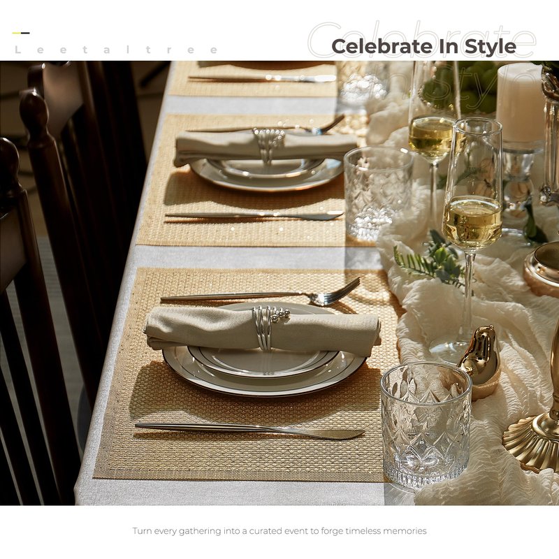 Leetaltree Sparkling Gold Sequin Woven Vinyl Placemats, Set of 6 - Waterproof & Washable Dining Table Mats for Wedding, Anniversary, Daily Use, Hand-Cut