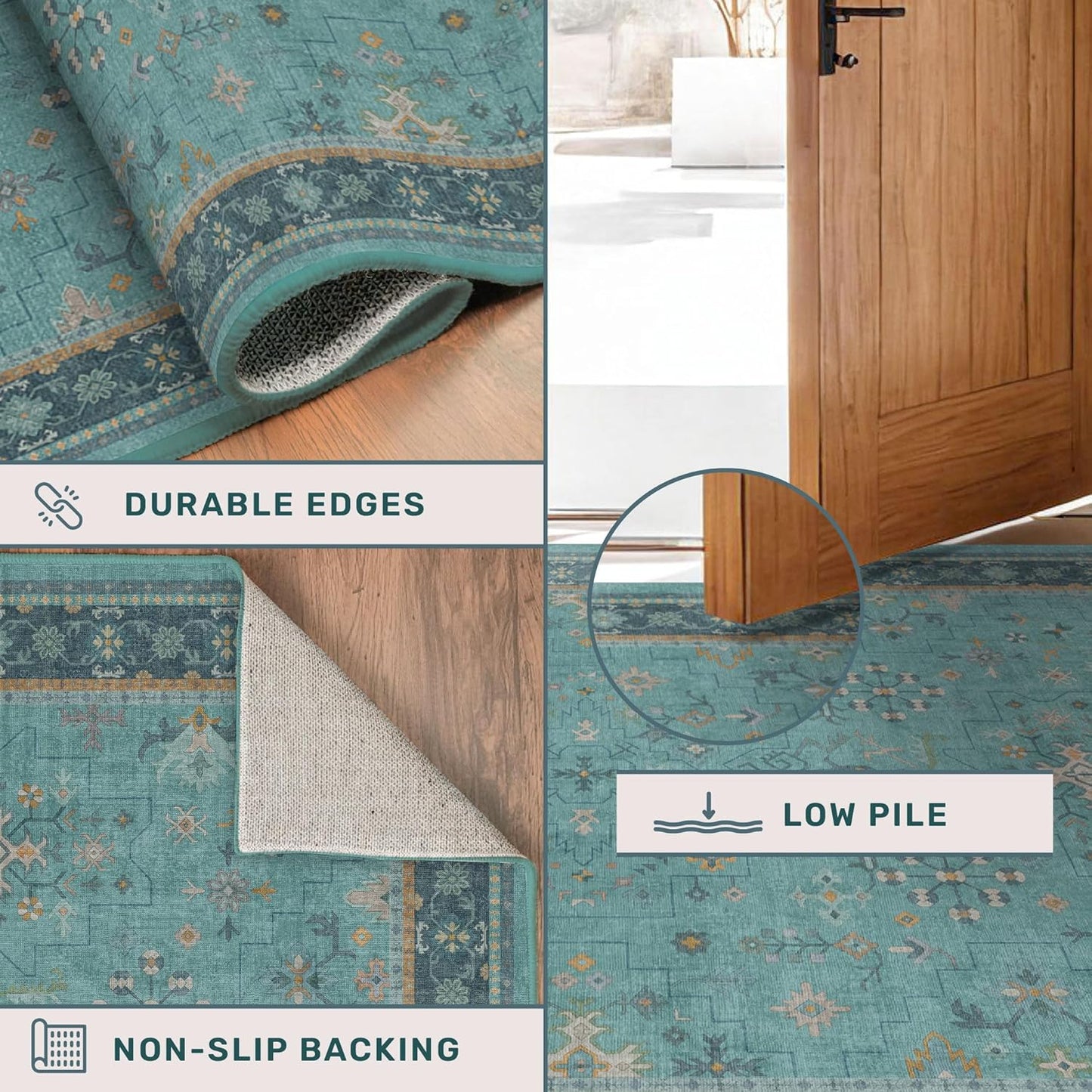 Skiennix 2x4 Washable Teal Throw Rug - Non-Slip Boho Floral Indoor Carpet for Entryway & Bathroom