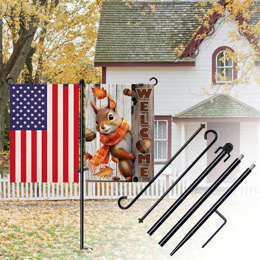 Skiennix Garden Flag Stand Holder - Dual Arm Yard Flagpole for 12"x18" Flags | 39-Inch Black Design