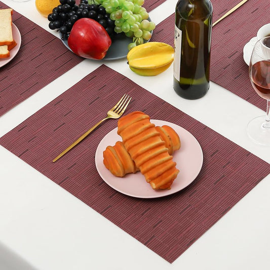 Leetaltree Burgundy Placemats Set of 12 - Heat Resistant Non-Slip Place mats for Dining Table, Washable Durable PVC Vinyl Woven Table Mats（Burgundy, 12）