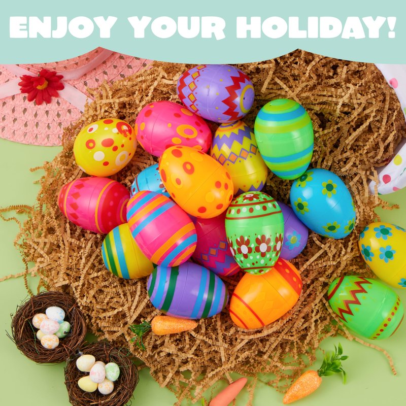 JOYIN 3.15Inch Printed Plastic Eggs Colorful, Fillable Empty Eggs Bulks for Easter Hunt Event, Party Favor-18 pcs