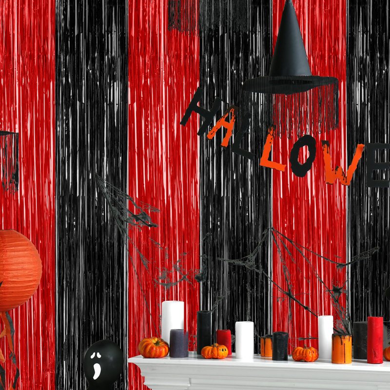 4 Pack Halloween Wall Backdrop, 3.28 FT x 7.05 FT Red and Black Party Streamer, Metallic Tinsel Curtains Fringe Backdrop Foil Streamer, Halloween Hanging Decor Casino Theme Party Decorations