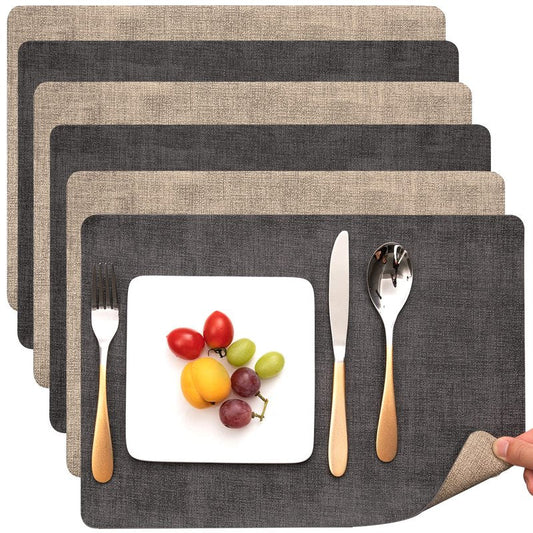 Myir JUN Placemats Dual Sided, Faux Leather Place Mats Set of 6 Indoor Placemat for Dining Table Outdoor Place Mat Manteles Individuales Square Non-Slip Washable Table Mats (Gray Beige, Set of 6)