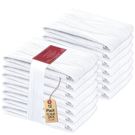 RUVANTI Flour Sack Towels 12 Pack 28 x 28 Inches, Ring Spun 100% Cotton Dish Towel, Machine Washable, Absorbent - Flour Sack Kitchen Towels for Drying and Cleaning - White