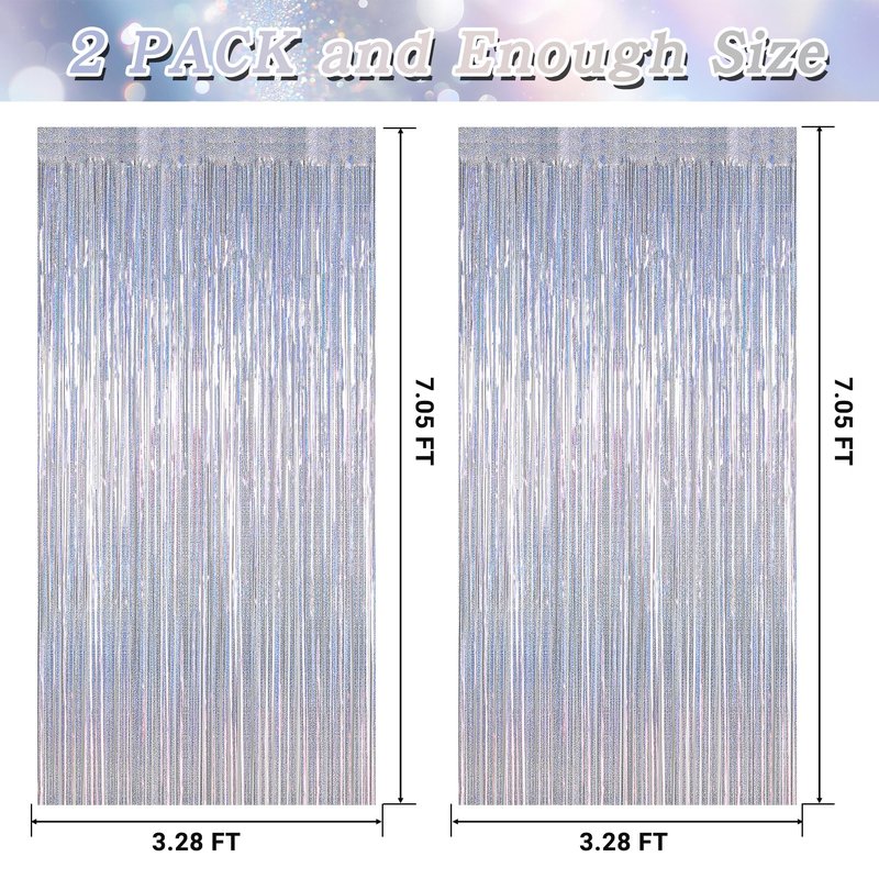 2 Pack Silver Metallic Tinsel Foil Curtains, 3.28 FT x 7.05 FT Glitter Silver Fringe Curtains, New Year Door Streamer Tinsel Backdrop Photo Booth for NYE Party Birthday Engagement Party Decorations